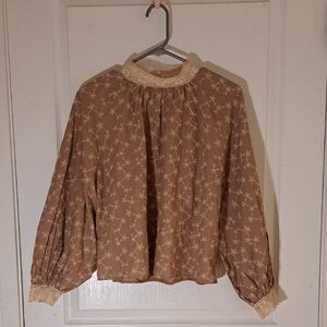 119 - Zara Tan Floral Blouse with Puffy Sleeves And Cream Lace Details